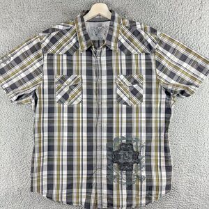 Guess Western Shirt Mens XXL‎ Gray Plaid Pearl Snap Button Up Cowboy Southwest